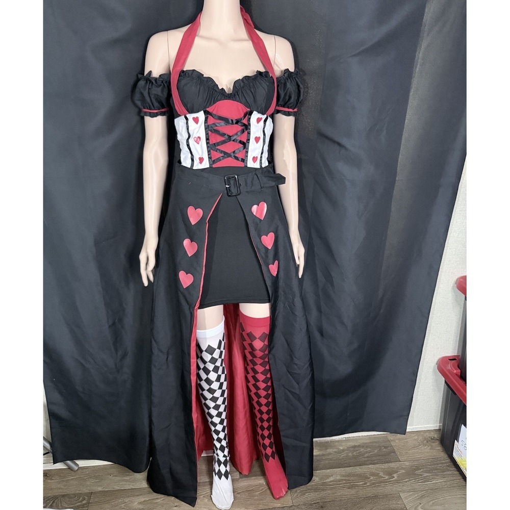 Queen Of Hearts Halloween Costume Black Red Corset Detachable Train Stocking S/M